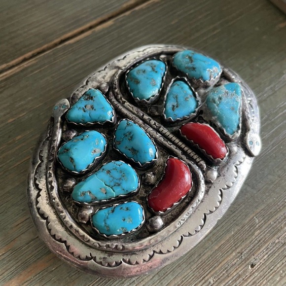 Rare Vintage Effie C Calavaza Turquoise and Coral Sterling Belt Buckle - Picture 4 of 14